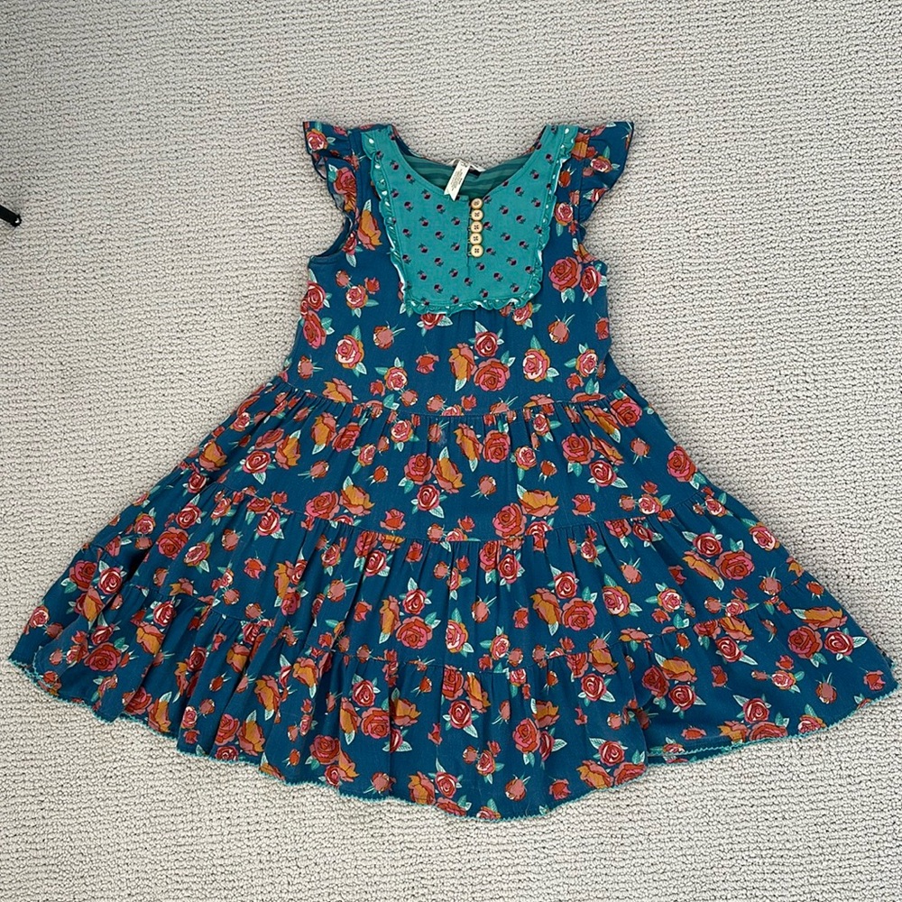 Matilda Jane Student Leader Ruffle Dress Girls Sz 8 Blue Pink Rose Floral Twirly